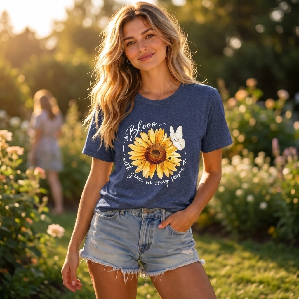 Sunflower “Bloom with Grace in Every Season” T-Shirt, Inspirational Floral Tee- 14502