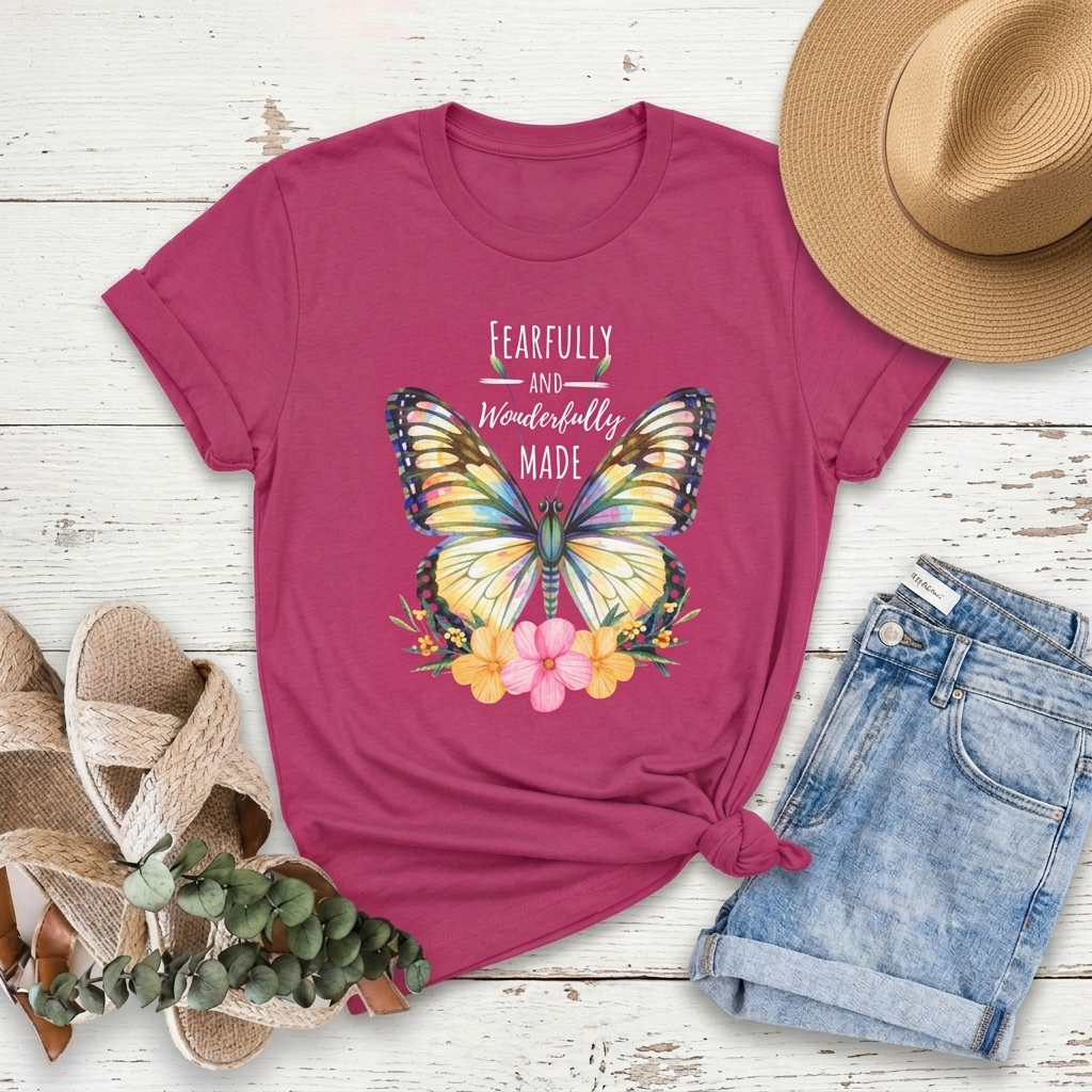Fearfully and Wonderfully Made Butterfly T-Shirt, Inspirational Floral Faith Tee - 14955