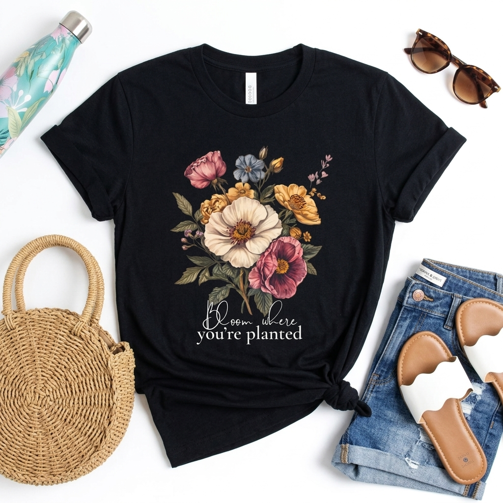 Bloom Where You’re Planted Floral T-Shirt, Vintage Botanical Graphic Tee -  14933