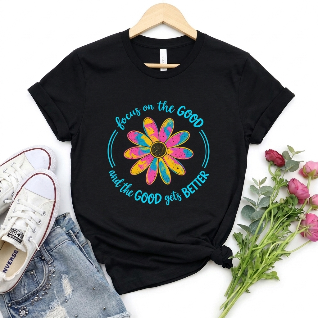 Focus on the Good T-Shirt, Colorful Retro Daisy Graphic Tee - 14563
