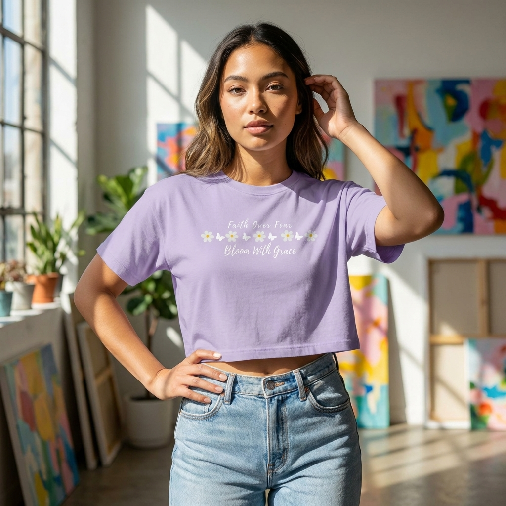 Faith Over Fear Floral Boxy Tee, “Bloom With Grace” Christian Crop Shirt - 14950