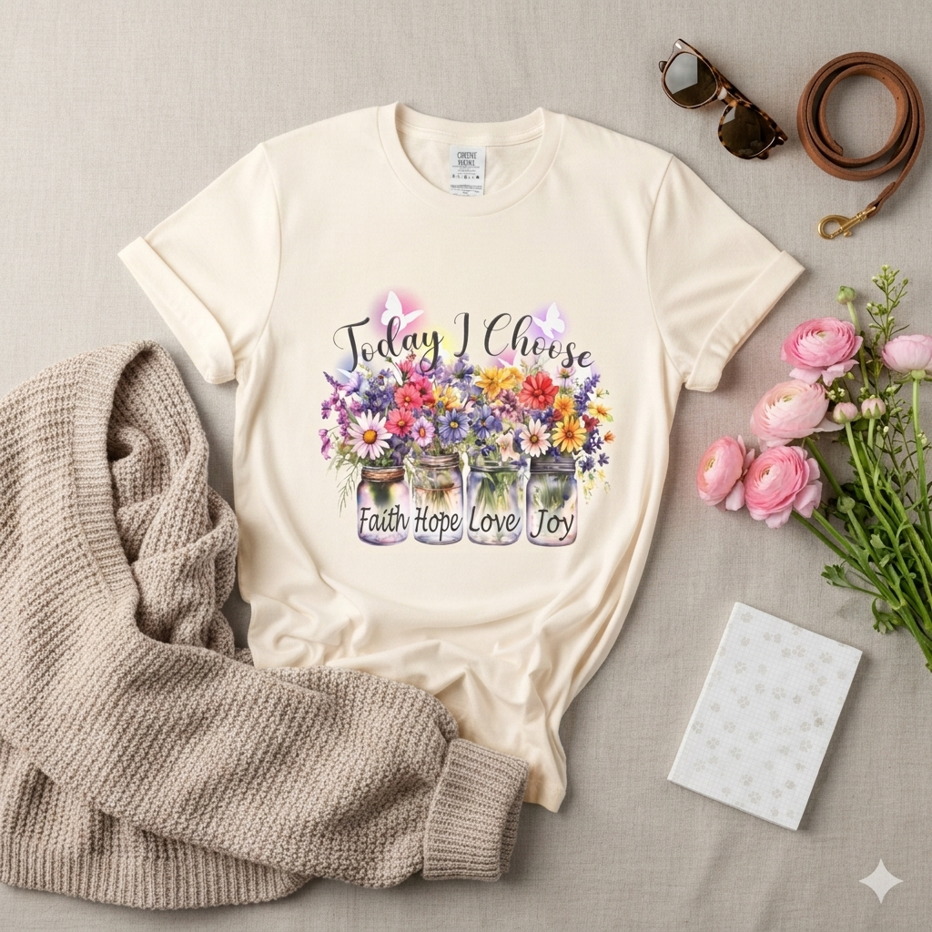 Today I Choose Faith Hope Love Joy T-Shirt — Inspirational Floral Graphic Tee - 14937