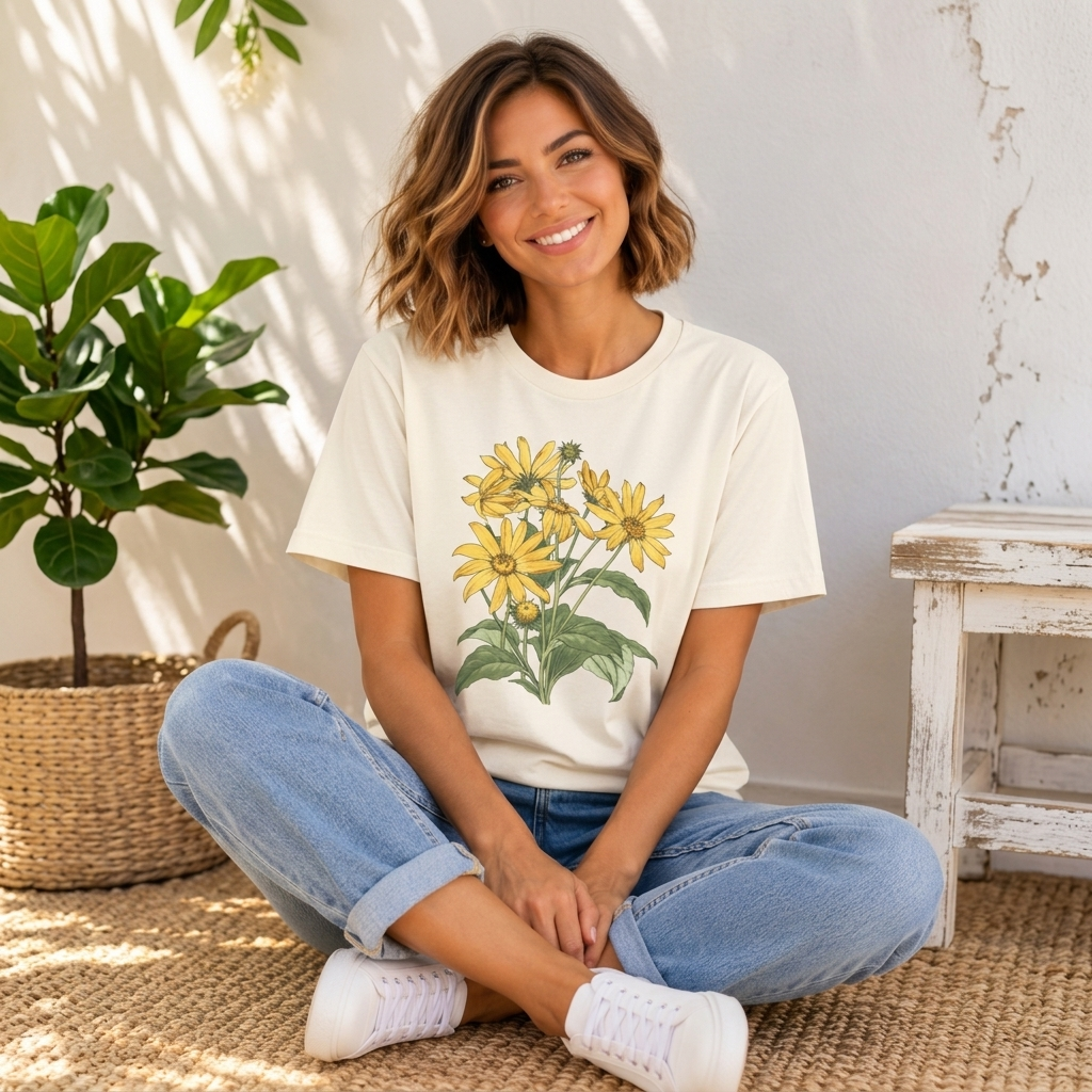 Yellow Daisy Botanical T-Shirt, Vintage Floral Garden Tee - 14503