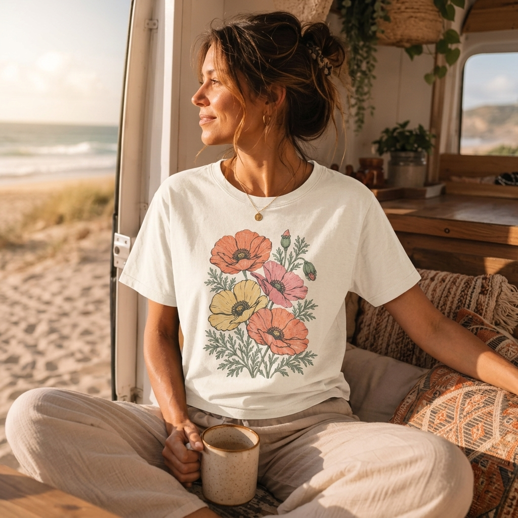 Floral Poppies T-Shirt, Vintage Wildflower Graphic Tee - 14988