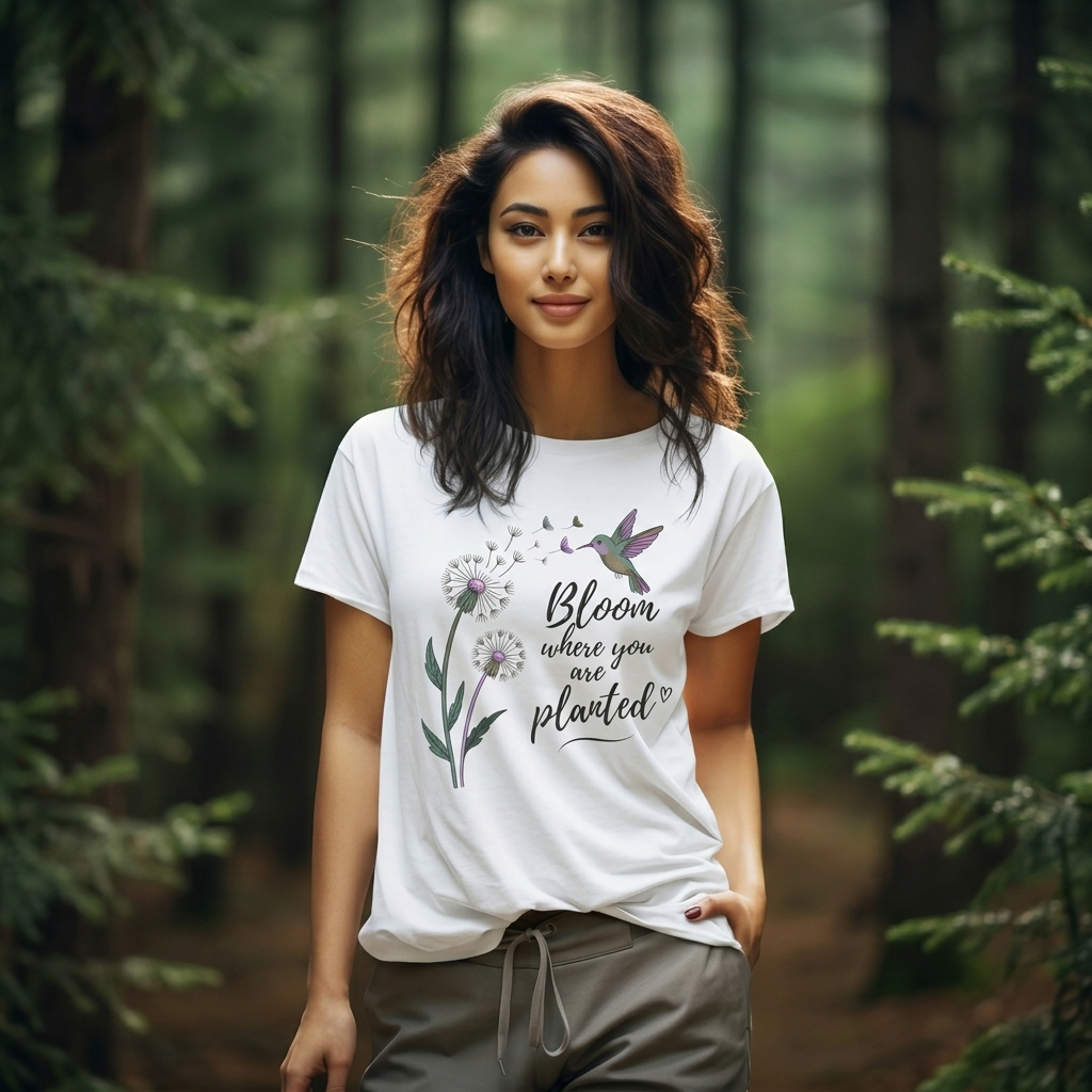 Bloom Where You Are Planted T-Shirt, Hummingbird & Dandelion Floral Graphic Tee - 14927