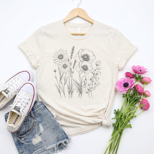 Vintage Wildflower Line Art T-Shirt,  Minimalist Botanical Floral Tee - 14535