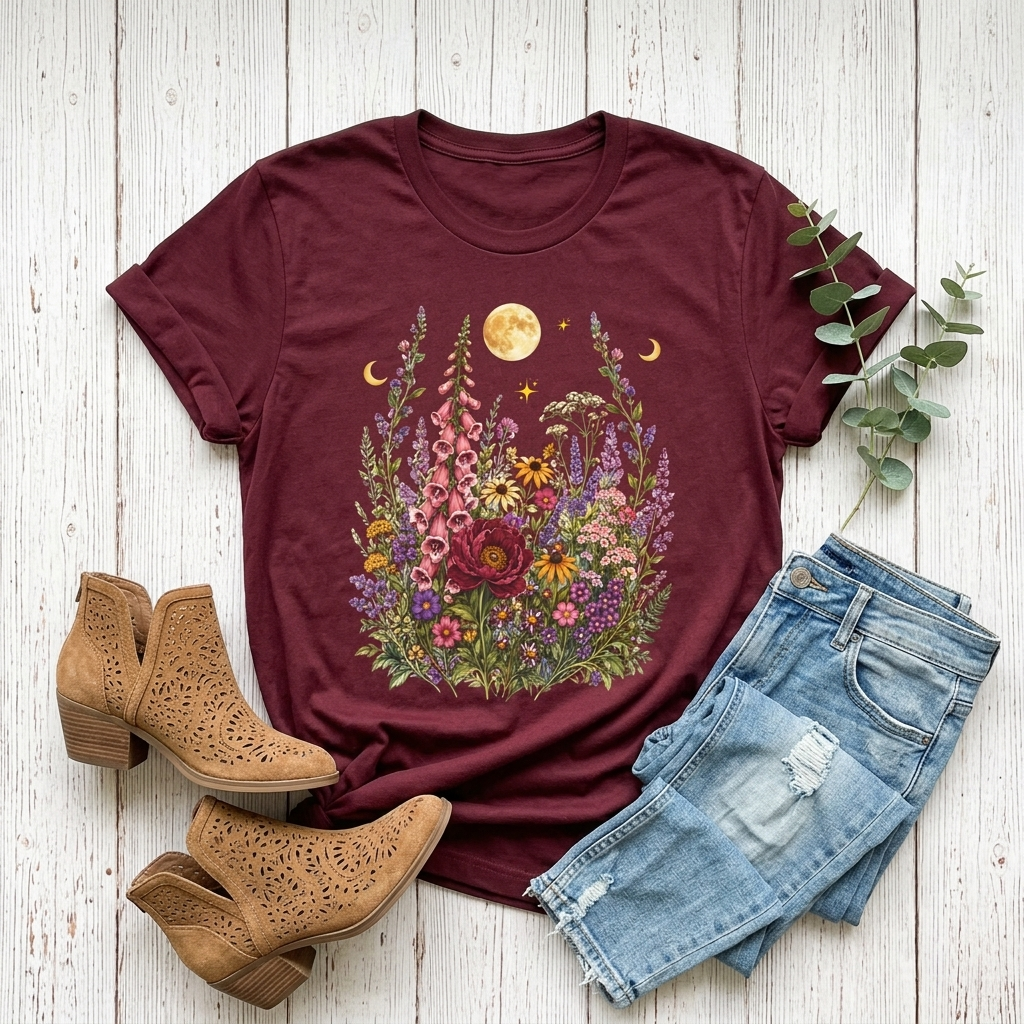 Floral Moon Garden T-Shirt, Vintage Wildflower & Celestial Graphic Tee - 14961