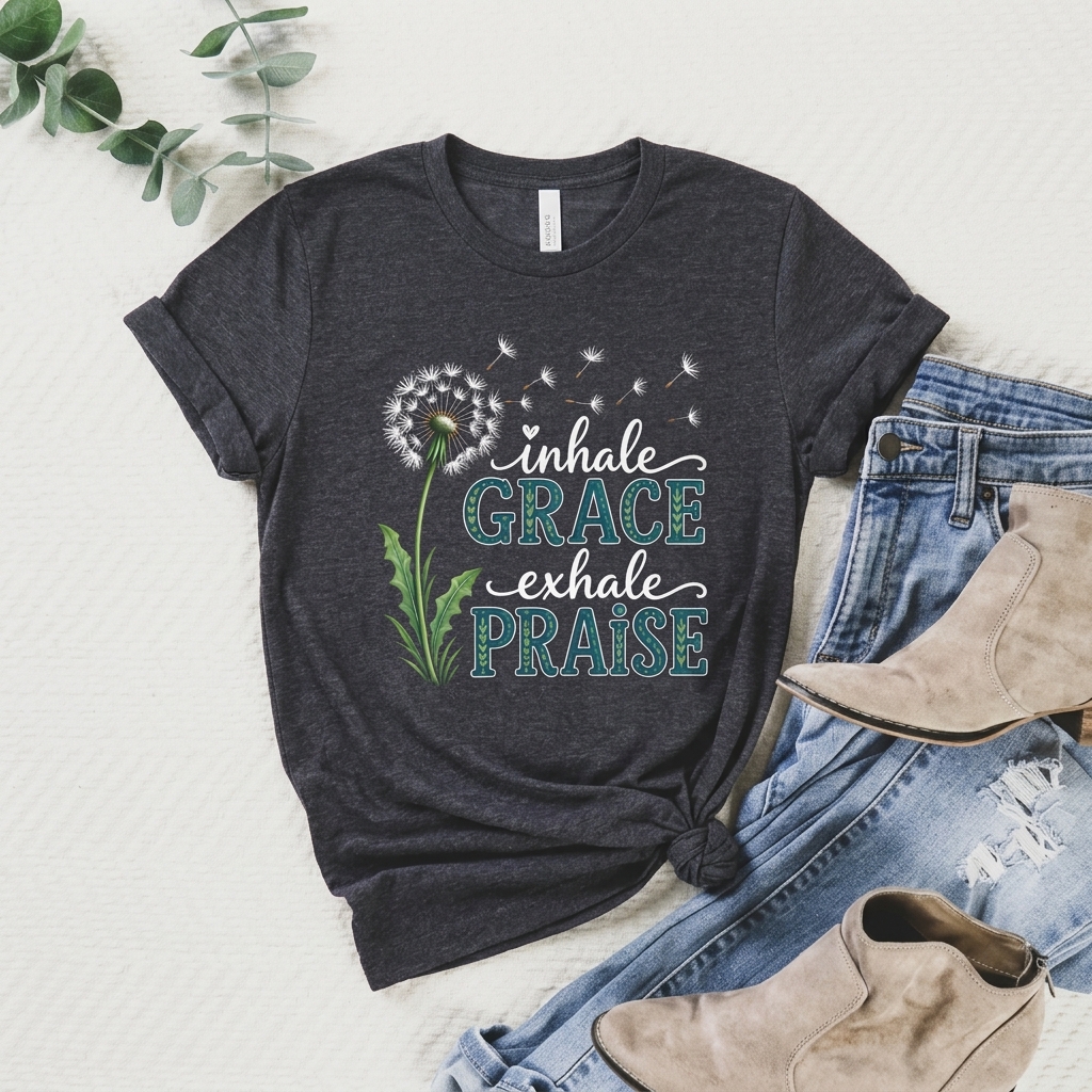 Inhale Grace Exhale Praise T-Shirt, Christian Faith Floral Tee - 14990