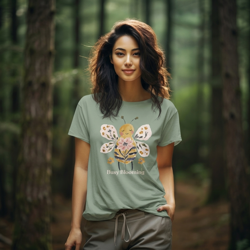 Busy Blooming Bee T-Shirt, Cute Watercolor Floral Bee Tee - 14960