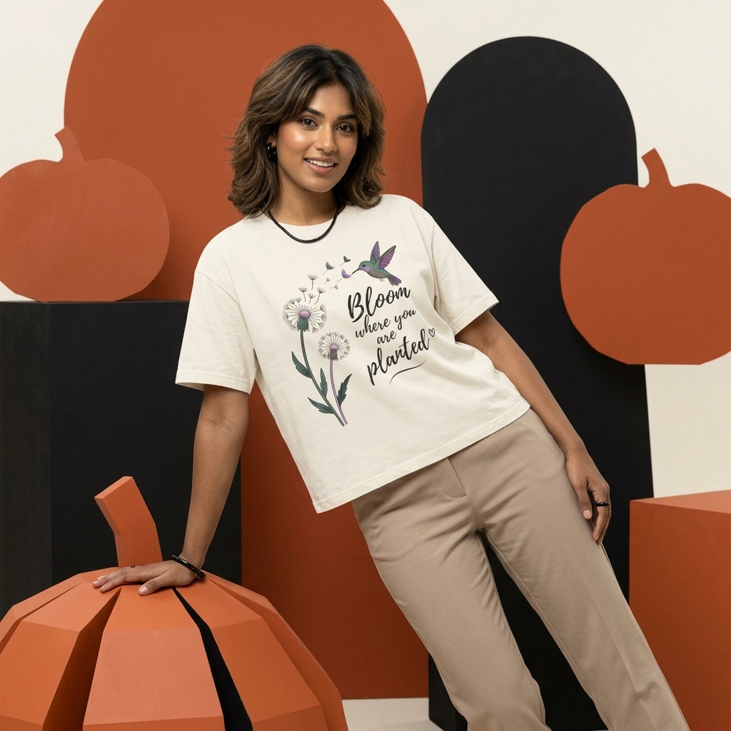 Bloom Where You’re Planted Boxy Tee, Women’s Hummingbird Floral Inspirational T-Shirt - 14926
