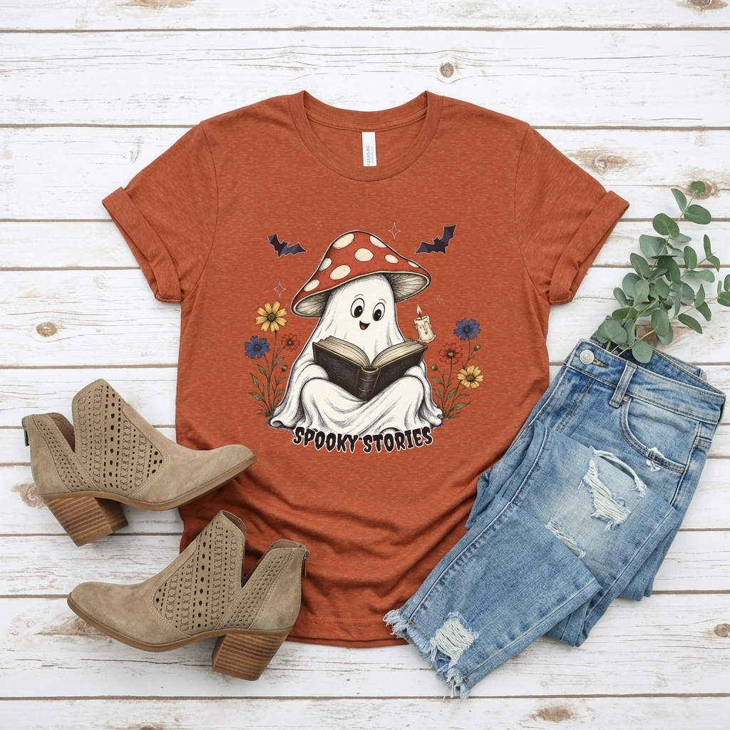 Spooky Stories Ghost T-Shirt, Cute Mushroom Ghost Reading Shirt for Halloween - 14970