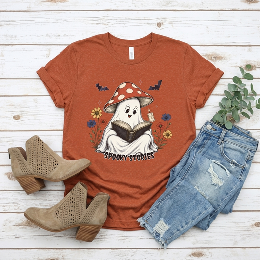 Spooky Stories Ghost T-Shirt, Cute Mushroom Ghost Reading Shirt for Halloween - 14970