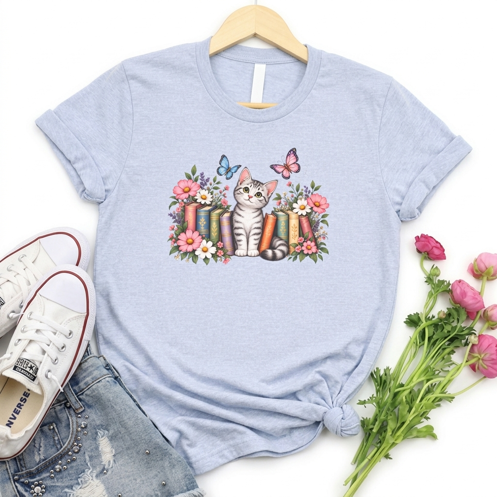 Cat & Books T-Shirt, Cute Floral Kitten & Butterfly Tee - 14526