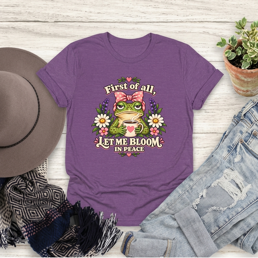 Let Me Bloom in Peace Frog T-Shirt, Cute Floral Coffee Tee - 14500