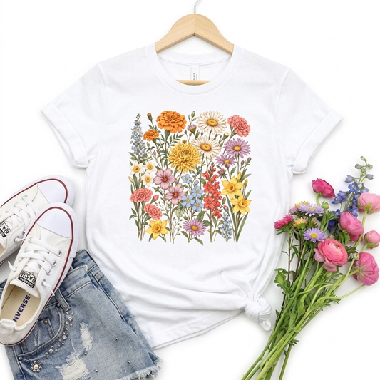 Vintage Wildflower Meadow T-Shirt, Colorful Botanical Floral Tee - 14533