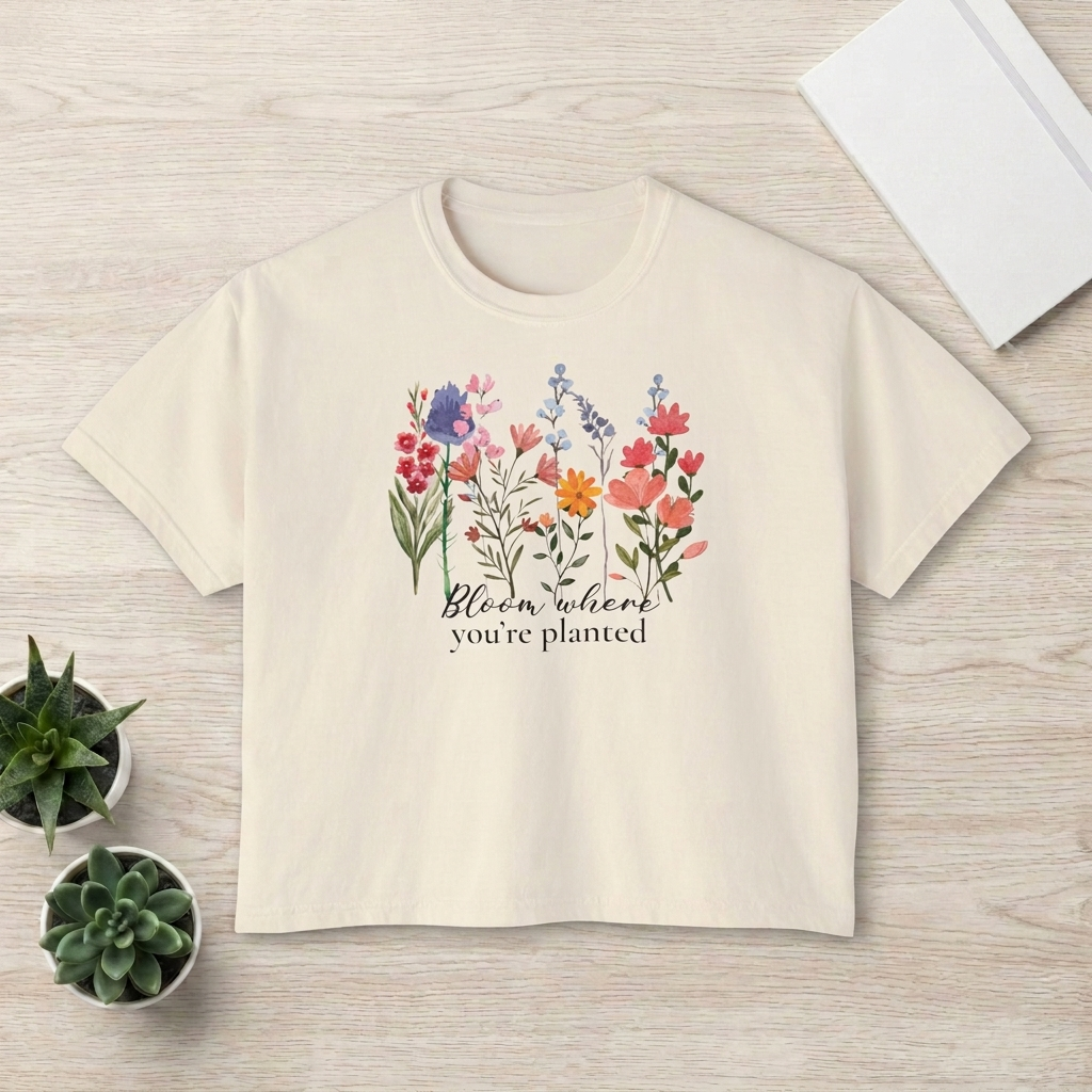 Bloom Where You’re Planted Women’s Boxy T-Shirt,  Floral Garden Graphic Tee - 14940