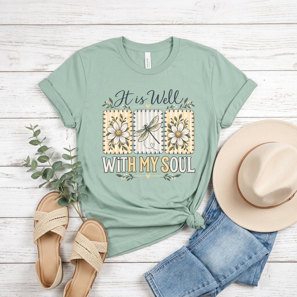 It Is Well With My Soul T-Shirt, Floral Dragonfly Christian Faith Tee - 14991