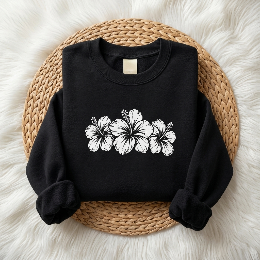 Hibiscus Floral Crewneck Sweatshirt,  Tropical Flower Graphic - 14996