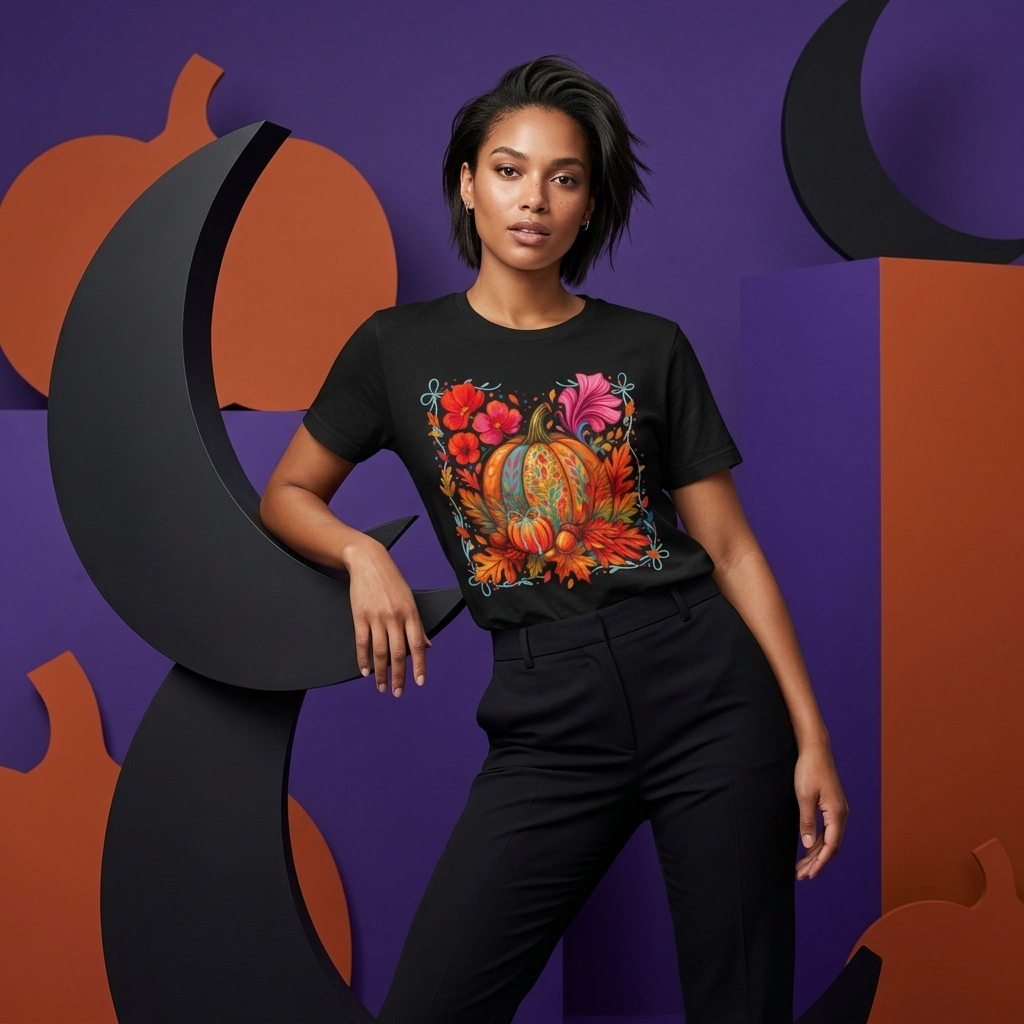 Autumn Floral Pumpkin T-Shirt, Fall Harvest Graphic Tee - 14930