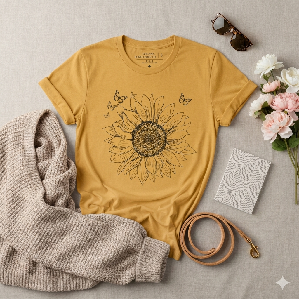 Sunflower Sketch T-Shirt, Vintage Botanical Sunflower & Butterfly Graphic Tee - 14982