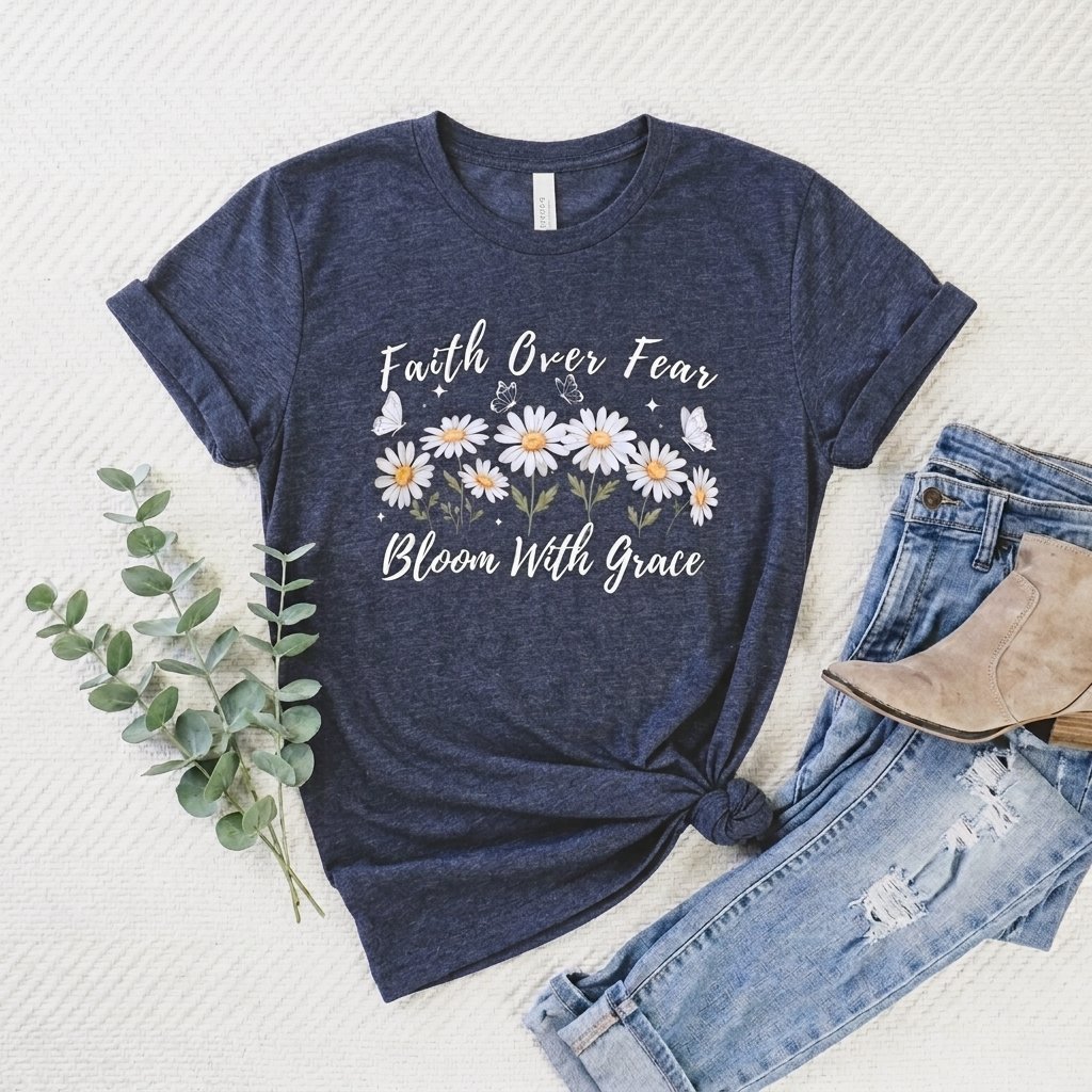 Faith Over Fear Daisy T-Shirt, “Bloom With Grace” Christian Floral Tee - 14951
