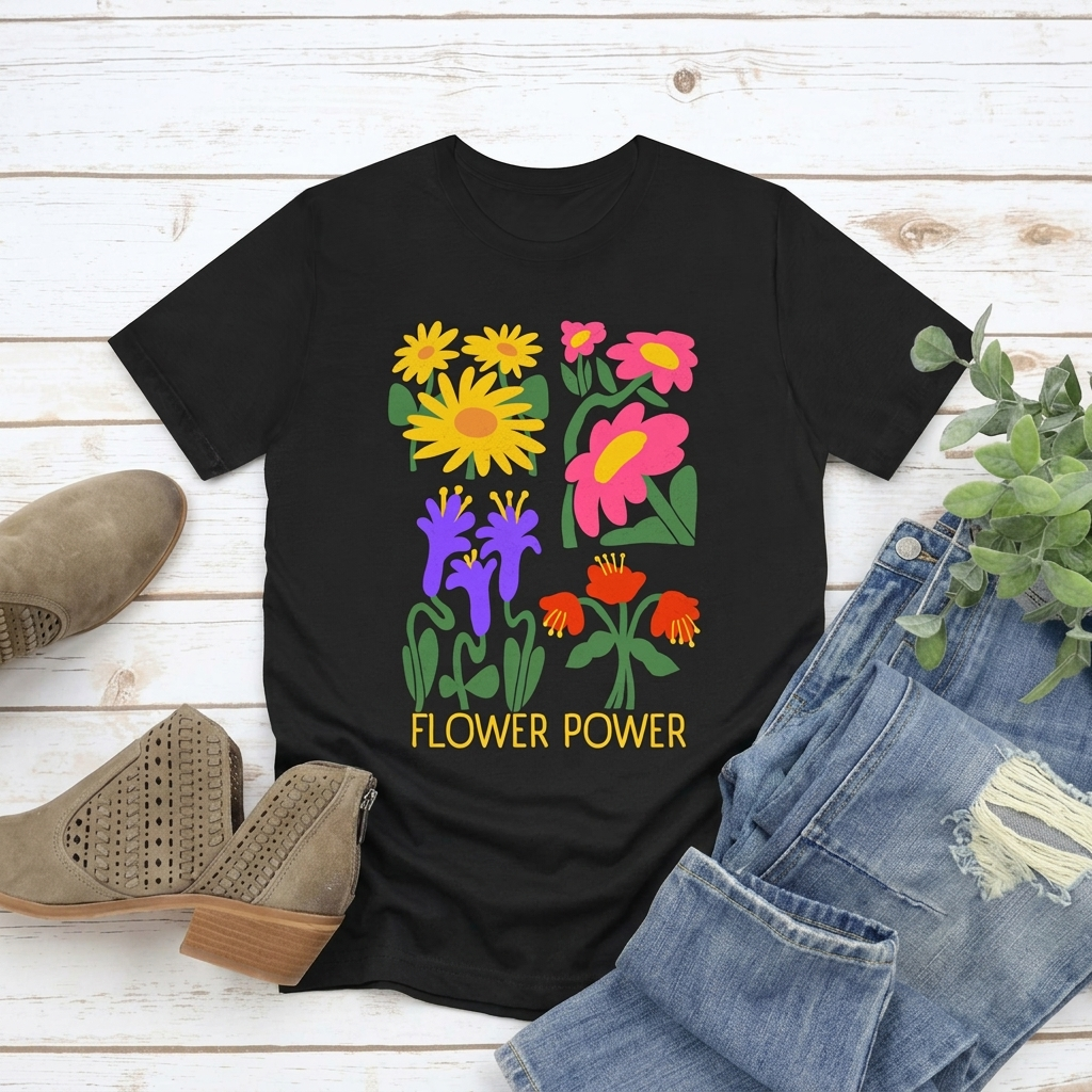 Flower Power T-Shirt — Retro Colorful Floral Graphic Tee - 14964