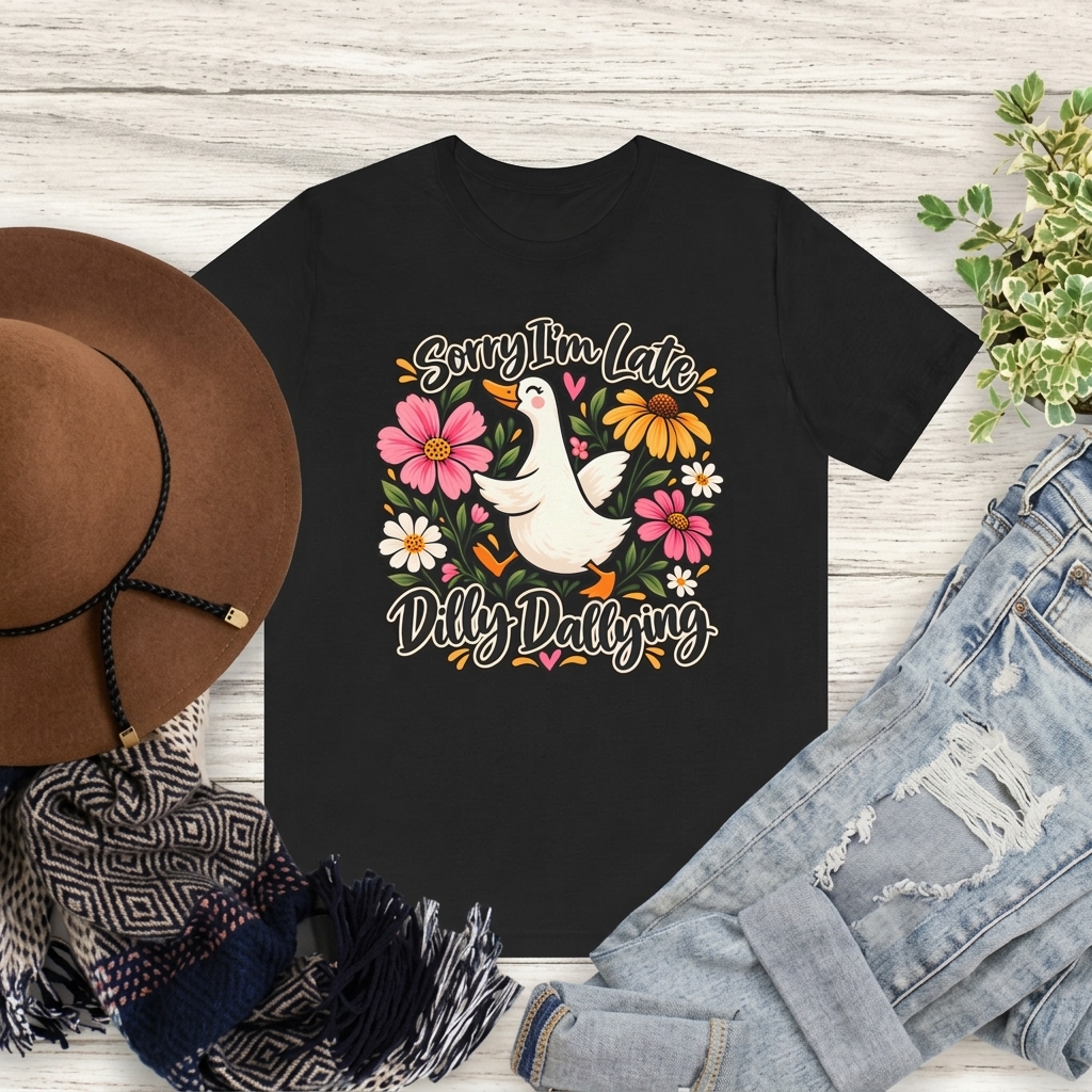 Sorry I’m Late Dilly Dallying T-Shirt, Cute Floral Goose Tee - 14998