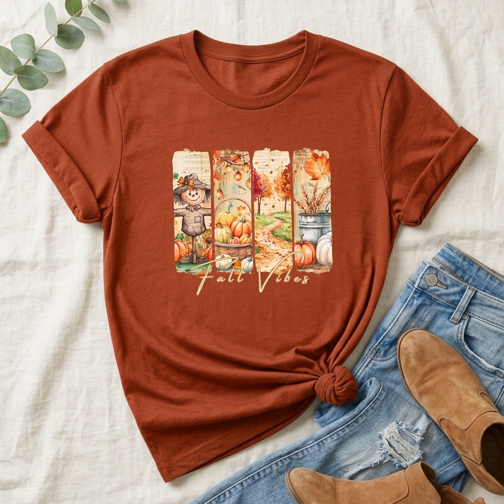 Fall Vibes T-Shirt, Autumn Pumpkin, Scarecrow & Harvest Graphic Tee - 14948