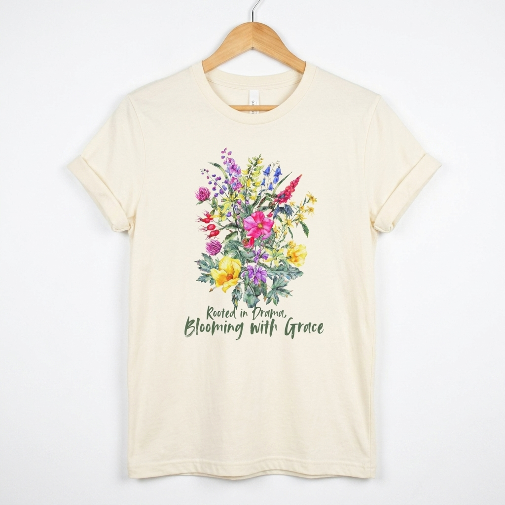 Blooming With Grace Floral T-Shirt, “Rooted in Drama” Watercolor Botanical Tee - 14965