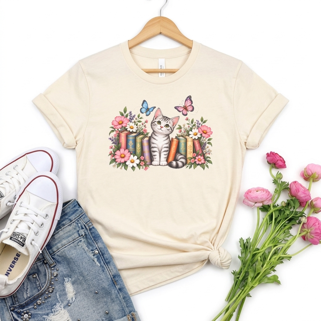 Cat & Books T-Shirt, Cute Floral Kitten & Butterfly Tee - 14526