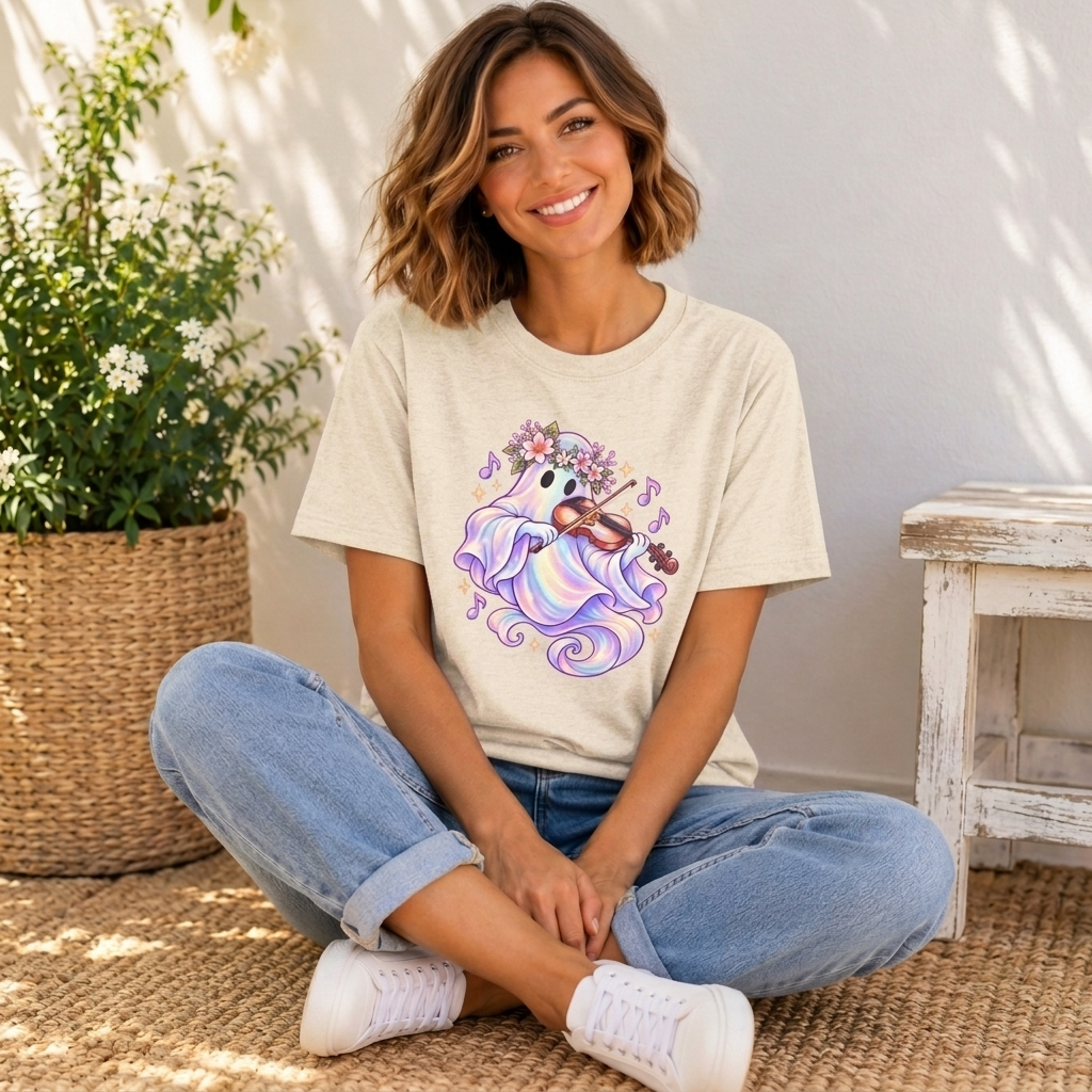 Ghost Violin T-Shirt, Cute Pastel Floral Music Lover Tee - 14528