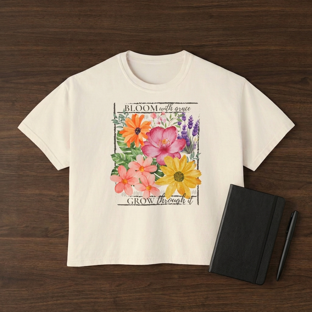Bloom With Grace Floral Boxy Tee,  “Grow Through It” Inspirational Women’s T-Shirt - 14944