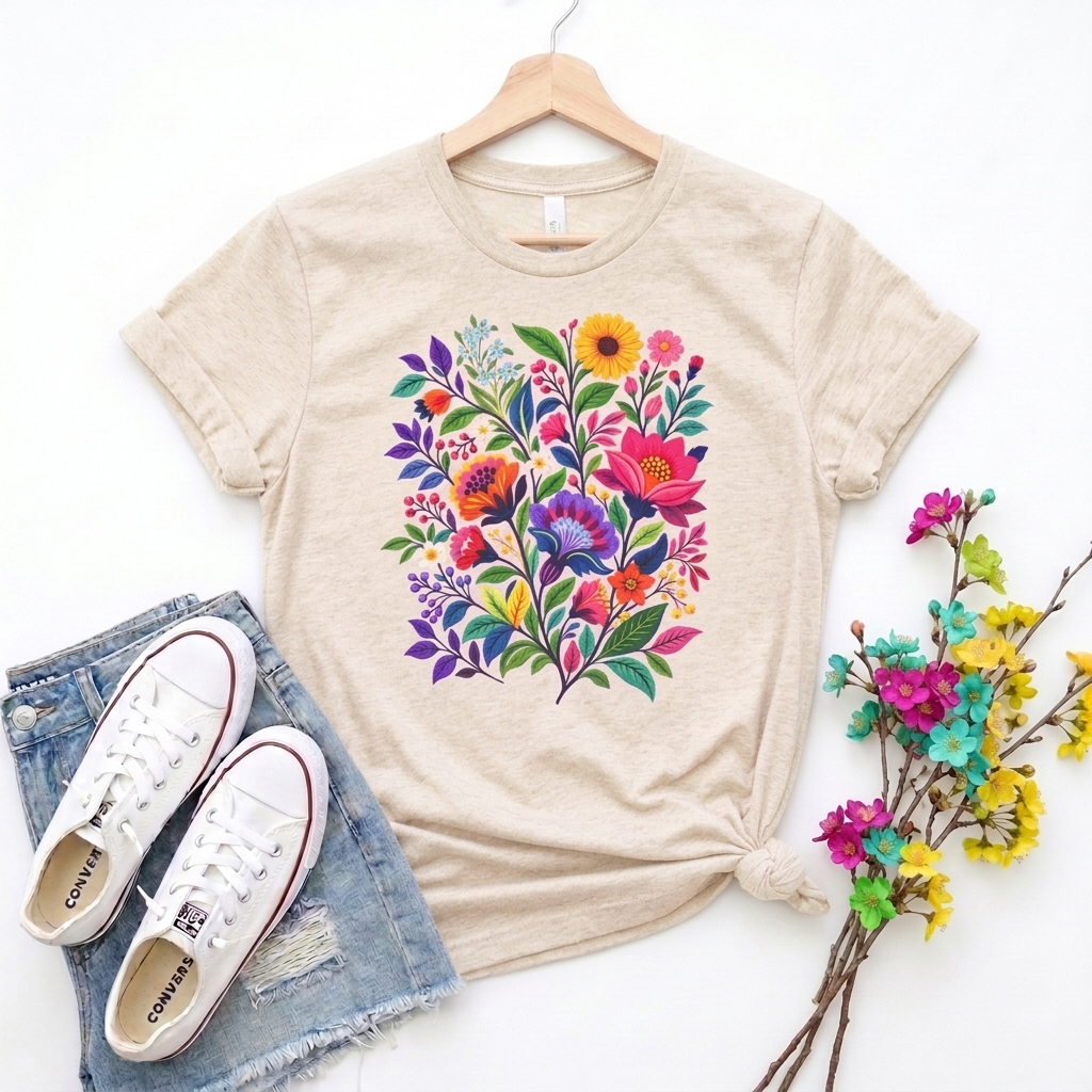 Bright Folk Art Floral T-Shirt, Colorful Flower Bouquet Tee - 14513