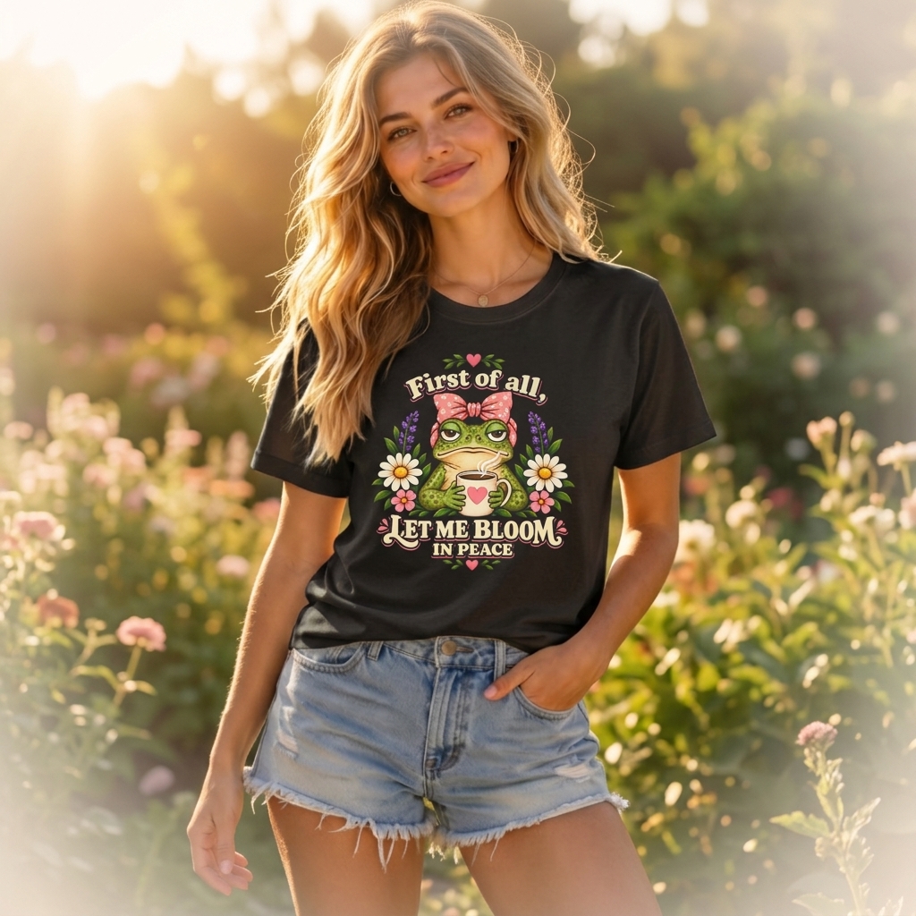 Let Me Bloom in Peace Frog T-Shirt, Cute Floral Coffee Tee - 14500