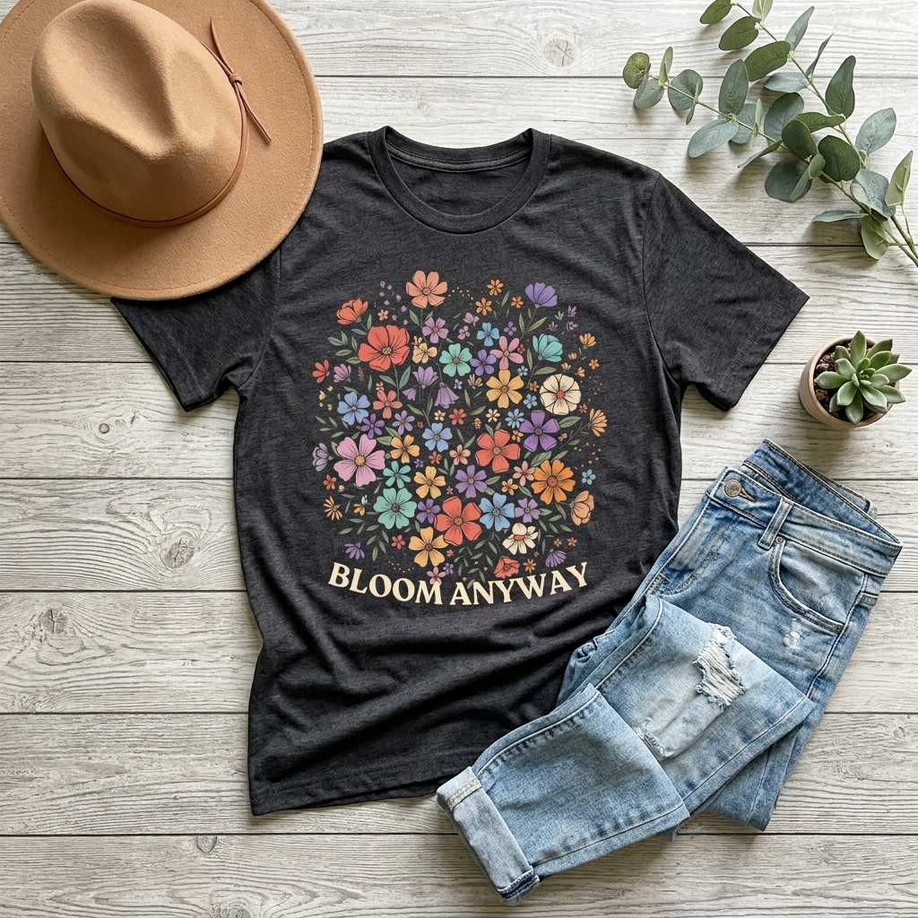 Bloom Anyway Floral T-Shirt, Inspirational Wildflower Graphic Tee - 14958