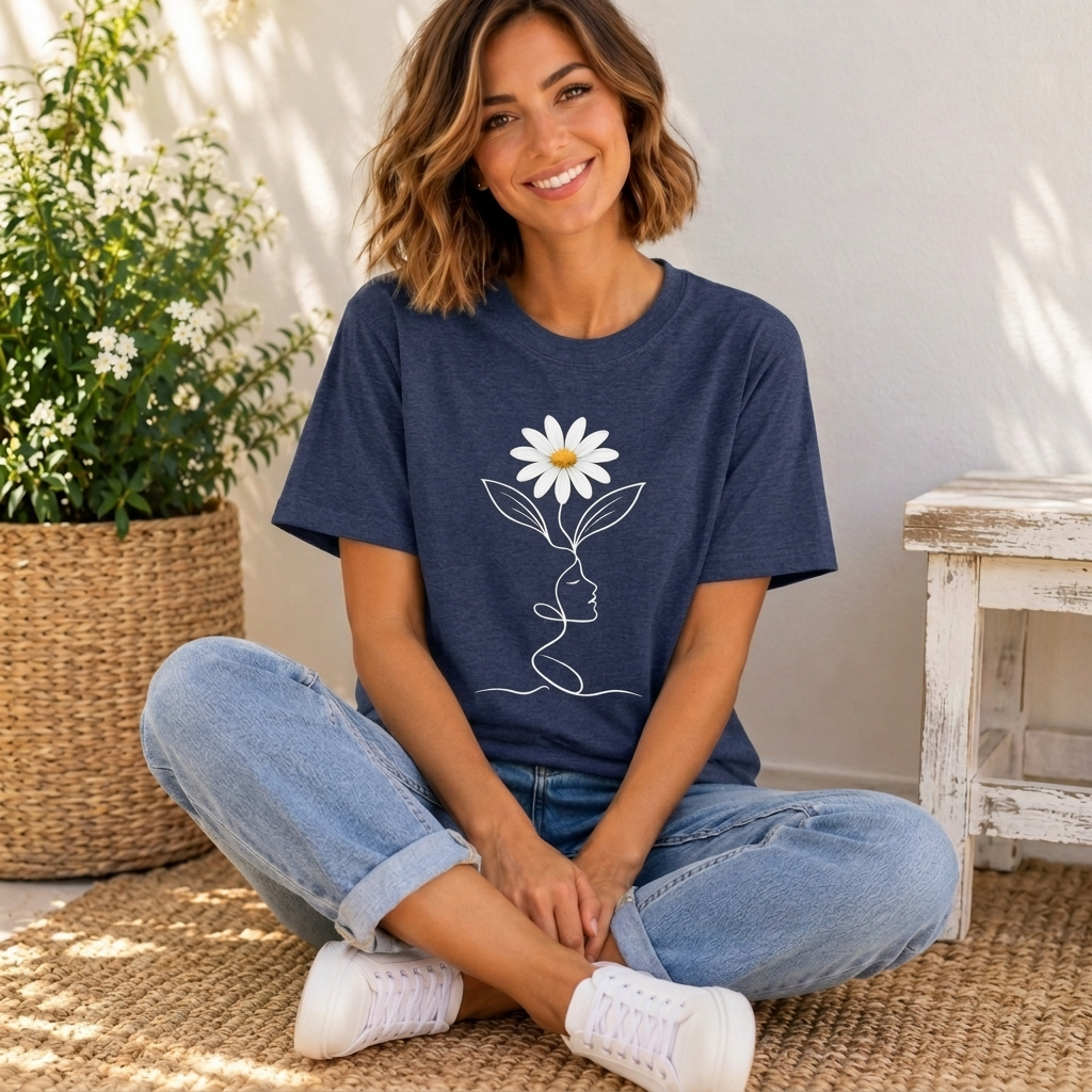 Daisy Woman Face T-Shirt, Minimalist Floral Line Art Tee - 14522