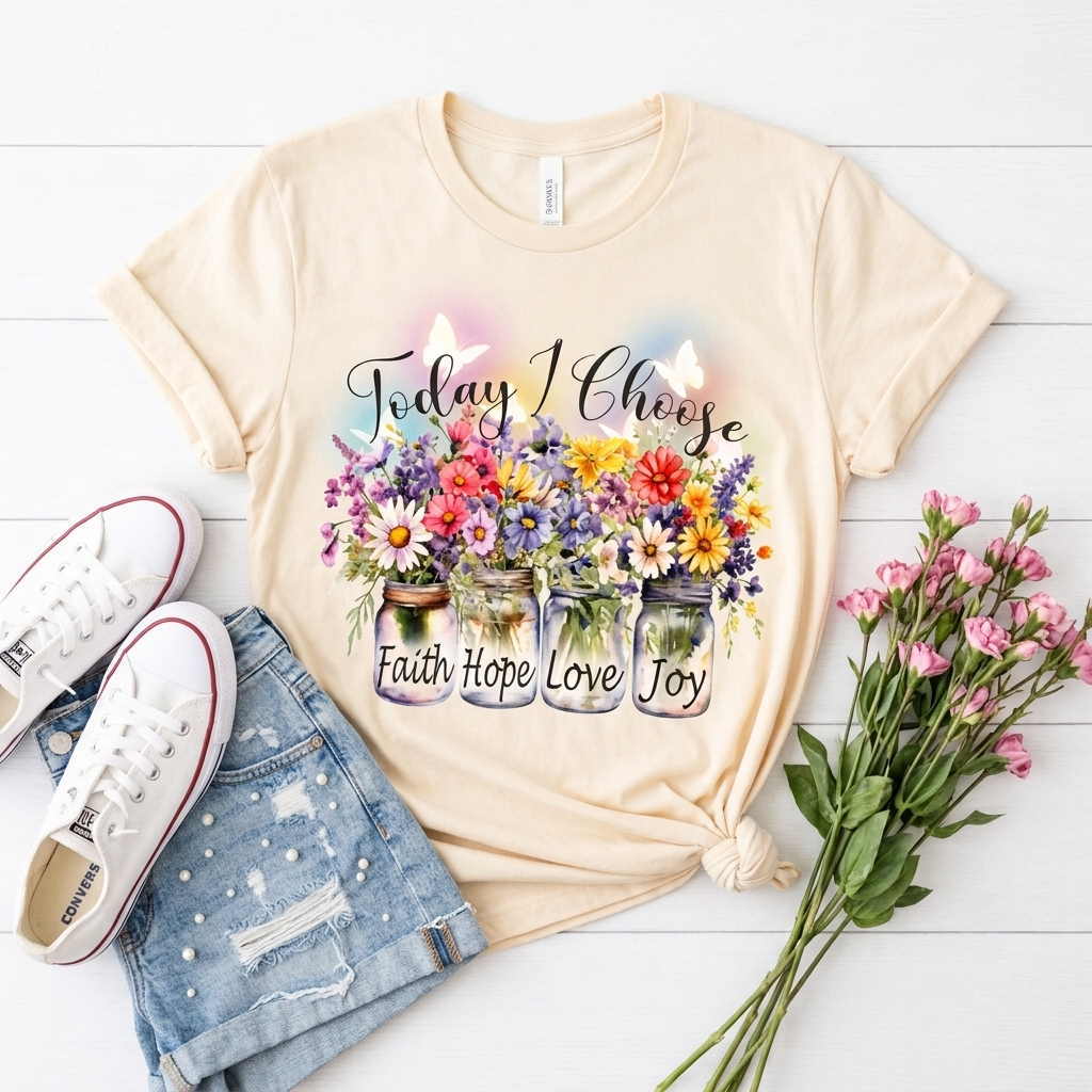 Today I Choose Faith Hope Love Joy T-Shirt — Inspirational Floral Graphic Tee - 14937