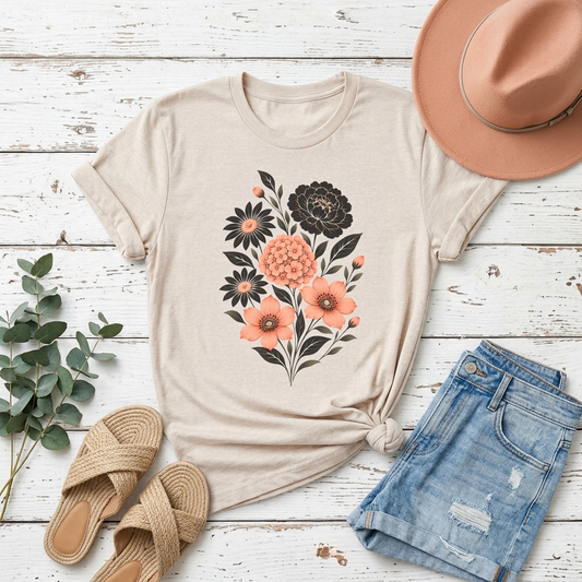 Floral Bouquet T-Shirt, Peach & Black Garden Flower Tee - 14502