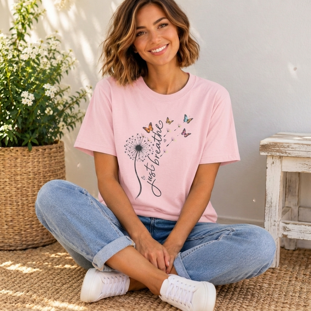 Just Breathe Dandelion T-Shirt,  Butterfly Inspirational Tee - 14519