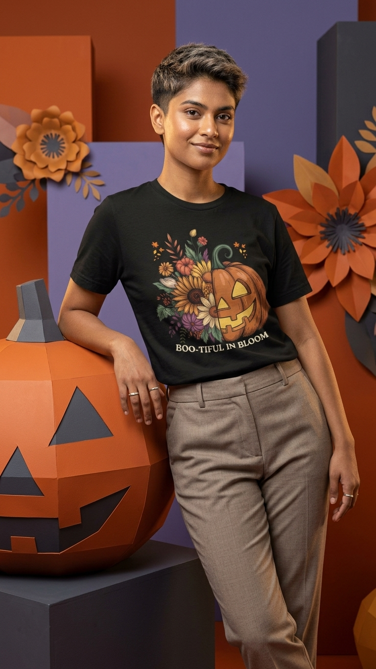 Boo-tiful in Bloom Halloween Pumpkin Floral T-Shirt — Fall Graphic Tee - 14925