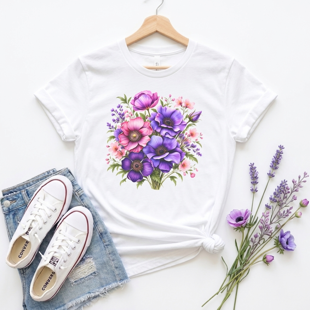Purple & Pink Floral Bouquet T-Shirt, Colorful Botanical Flower Tee - 14537