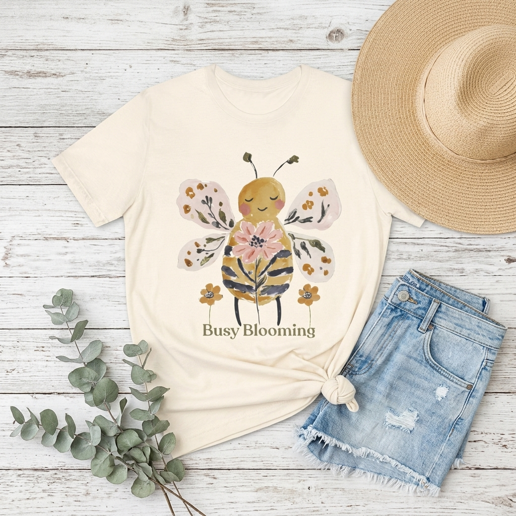 Busy Blooming Bee T-Shirt, Cute Watercolor Floral Bee Tee - 14960
