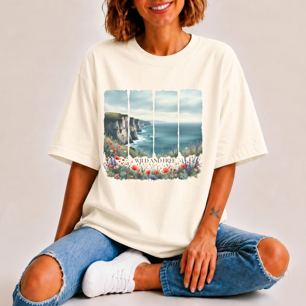 St. Andrews Coastal T-Shirt,  Scenic Cliffs, Wildflowers & Sea View - 14974