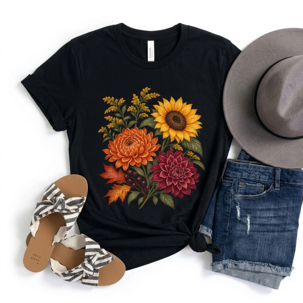 Autumn Wildflower Bouquet T-Shirt, Vintage Botanical Floral Tee - 14565