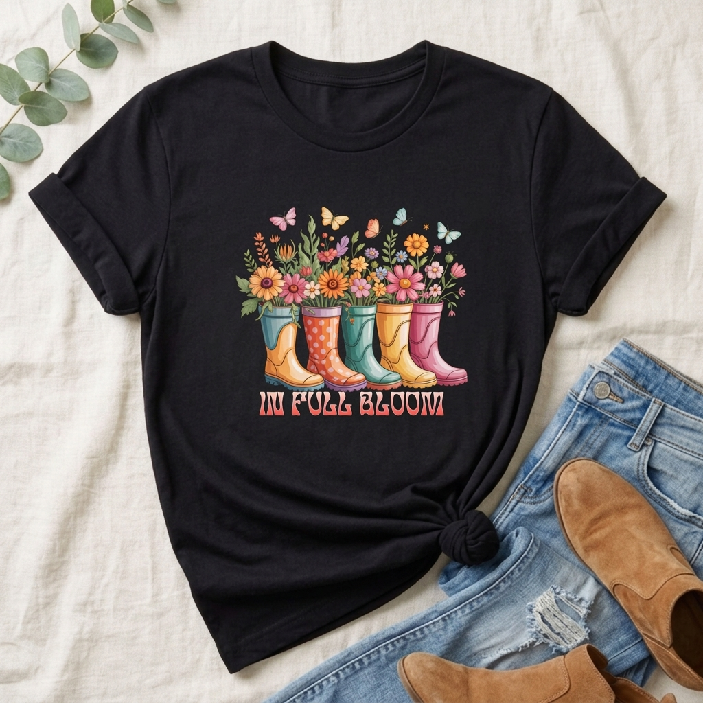 In Full Bloom Garden T-Shirt, Colorful Rain Boots & Flowers Graphic Tee - 14971