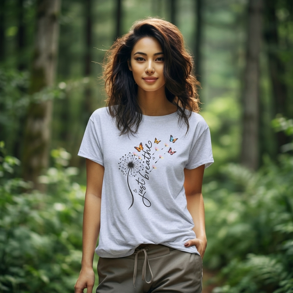 Just Breathe Dandelion T-Shirt,  Butterfly Inspirational Tee - 14519