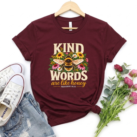 Kind Words Are Like Honey T-Shirt, Christian Bumblebee & Floral Tee - 14557