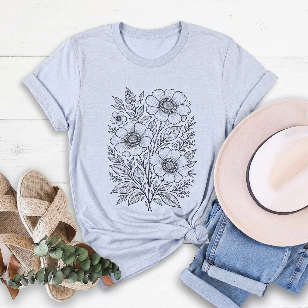 Vintage Floral Line Art T-Shirt, Botanical Wildflower Tee - 14561