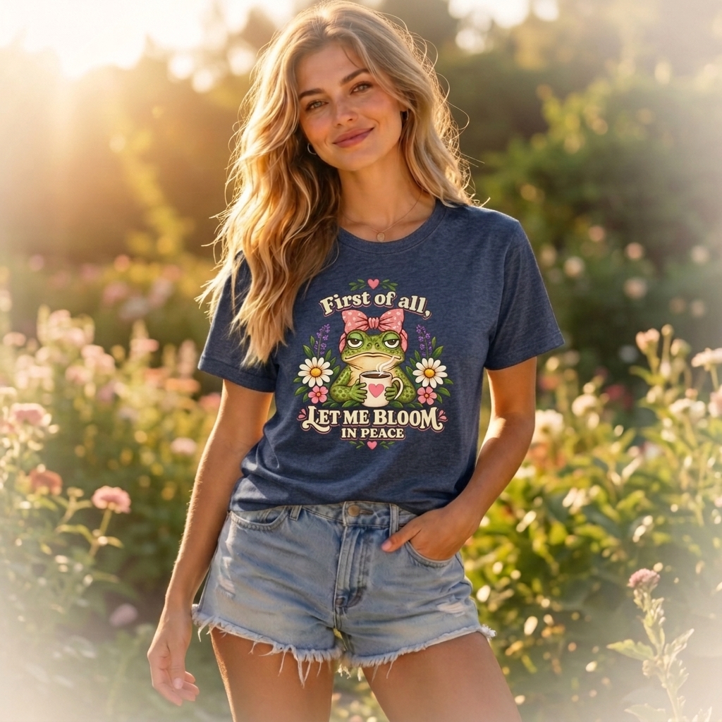 Let Me Bloom in Peace Frog T-Shirt, Cute Floral Coffee Tee - 14500