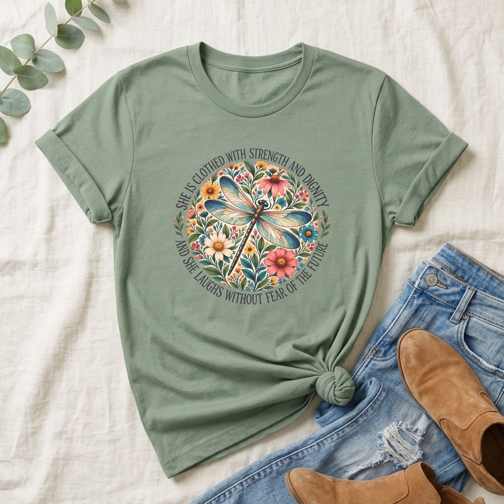 Dragonfly Floral T-Shirt, “She Is Clothed With Strength and Dignity” Inspirational Women’s Tee - 14993